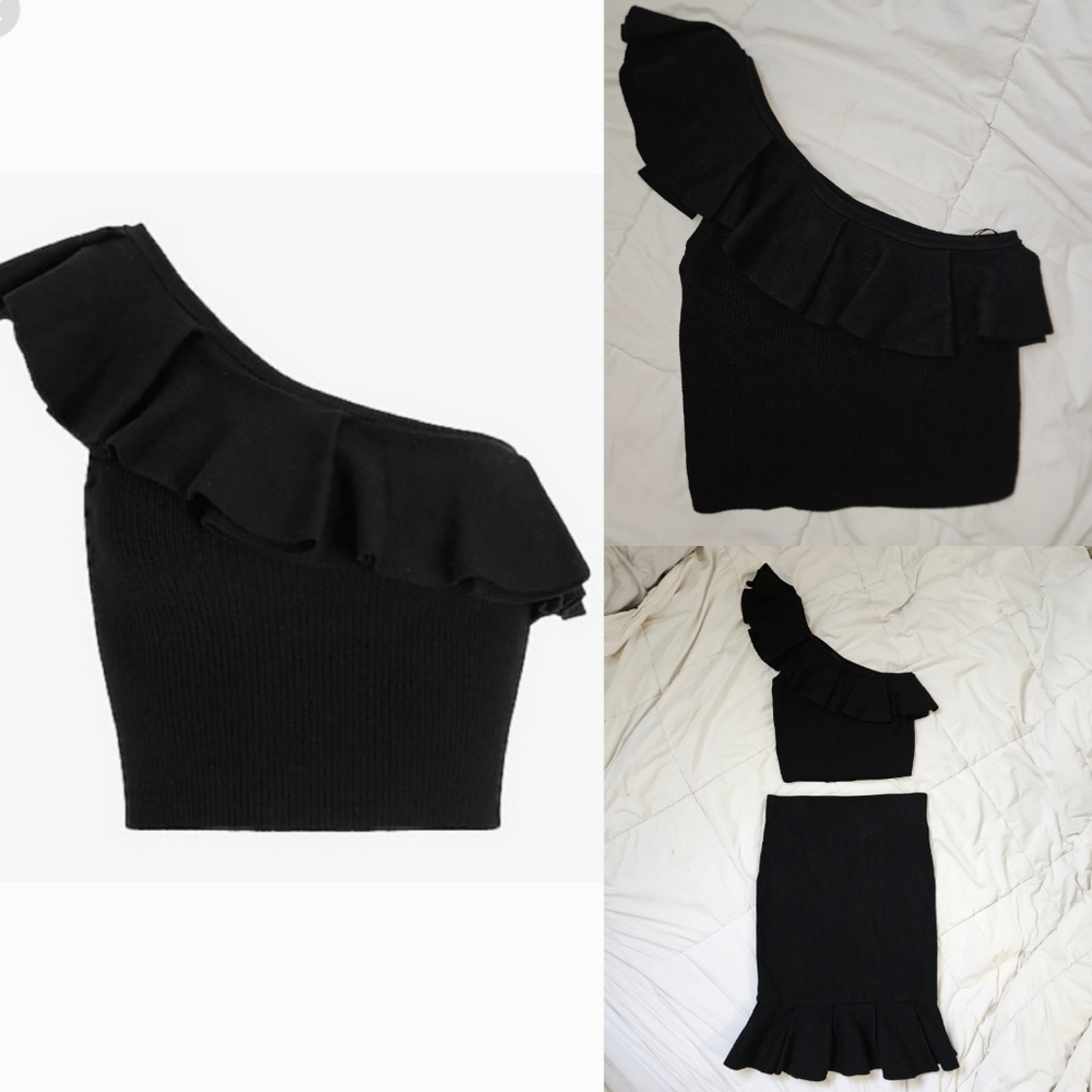 NWT Express Ribbed Black One Shoulder Ruffle Sweater Crop Top